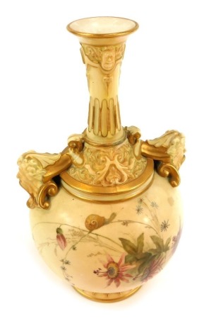 A Royal Worcester blush porcelain vase, c1892, of twin mask head handled baluster form, shaped no 1152, painted with Convolvulus and other flowers, printed and painted marks, 22cm high. (AF)