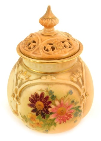 A Royal Worcester blush porcelain pot pourri vase and cover, c1907, of lobed form, shaped no 175, painted with floral sprays, printed and painted marks, 12cm high.