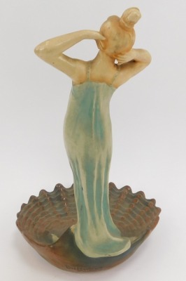 An early 20thC Art Nouveau Bernard Bloch pottery figure, of a standing lady atop a scallop shell, designed by R Dubitzky, model number 6246, impressed marks, 30cm high. - 2