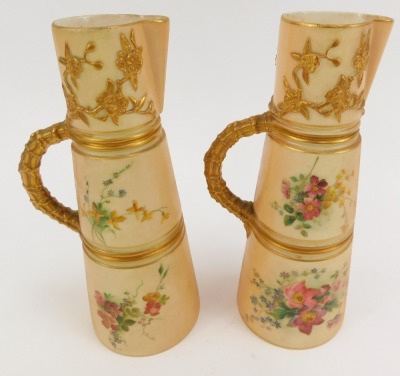 A pair of Royal Worcester blush porcelain jugs, c1903, of tapering form, shape no 1047, painted with sprays of flowers, printed marks, 21cm high. - 2