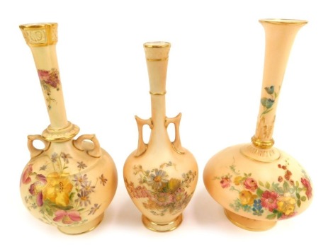 A Royal Worcester blush porcelain vase, c1900, of elongated baluster form, shaped no 1748, painted with sprays of flowers, printed and painted marks, 18cm high, a vase, c1921, of twin handled baluster form, painted with sprays of flowers, printed and pain