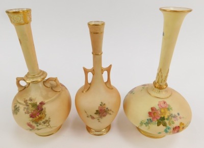 A Royal Worcester blush porcelain vase, c1900, of elongated baluster form, shaped no 1748, painted with sprays of flowers, printed and painted marks, 18cm high, a vase, c1921, of twin handled baluster form, painted with sprays of flowers, printed and pain - 2