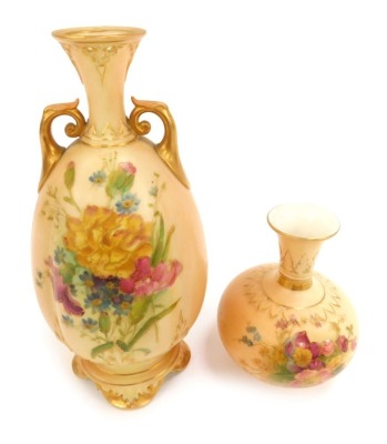 A Royal Worcester blush porcelain vase, c1913, of twin handled lobed baluster form, shape no 263, painted with flowers, printed and painted marks, 19cm high, and a further vase, c1911, of baluster form, shape no F110, painted with sprays of flowers, print