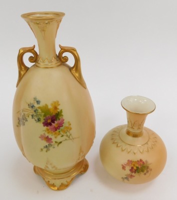 A Royal Worcester blush porcelain vase, c1913, of twin handled lobed baluster form, shape no 263, painted with flowers, printed and painted marks, 19cm high, and a further vase, c1911, of baluster form, shape no F110, painted with sprays of flowers, print - 2