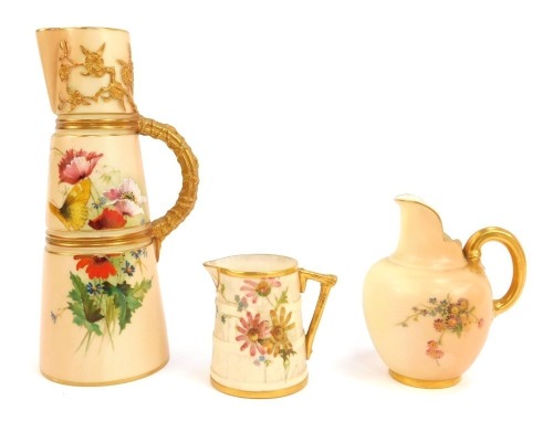 A Royal Worcester blush porcelain jug, circa 1902, shape number 1047, painted with a butterfly and meadow flowers, printed marks, 21cm high, a jug circa 1911, of compressed form with a gilt handle, shape number 109, painted with sprays of flowers, printed