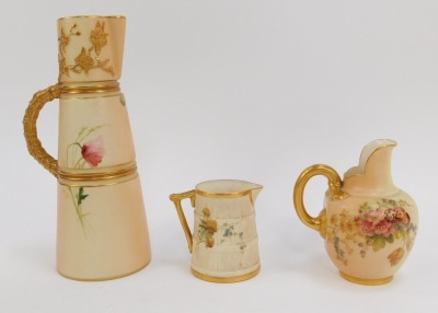 A Royal Worcester blush porcelain jug, circa 1902, shape number 1047, painted with a butterfly and meadow flowers, printed marks, 21cm high, a jug circa 1911, of compressed form with a gilt handle, shape number 109, painted with sprays of flowers, printed - 2