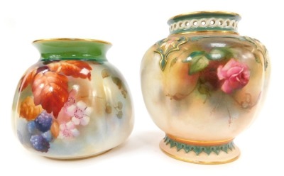 A Royal Worcester Hadley's porcelain vase, circa 1907, of lobed form, painted with roses, printed and painted marks, 10cm high, and a further Hadley's Worcester porcelain vase, circa 1908, of lobed form, painted with autumn fruits and leaves, printed and