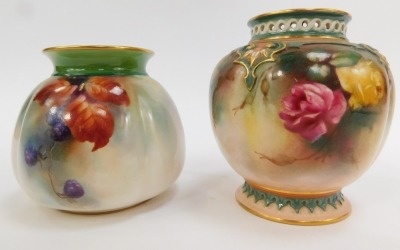 A Royal Worcester Hadley's porcelain vase, circa 1907, of lobed form, painted with roses, printed and painted marks, 10cm high, and a further Hadley's Worcester porcelain vase, circa 1908, of lobed form, painted with autumn fruits and leaves, printed and - 2