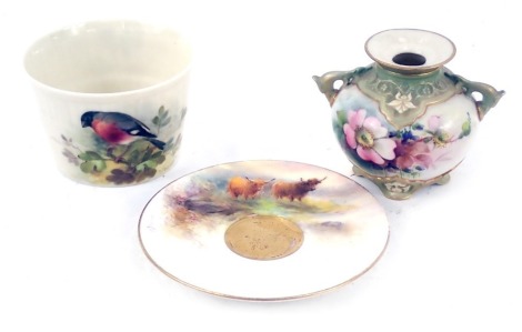 A Royal Worcester porcelain coffee saucer, circa 1927, painted by H Stinton, with Highland cattle, porcelain vase of twin handled form, circa 1908, shape number 176, painted by Cole, with dog roses and other flowers, printed marks, 6cm high, and a Royal W