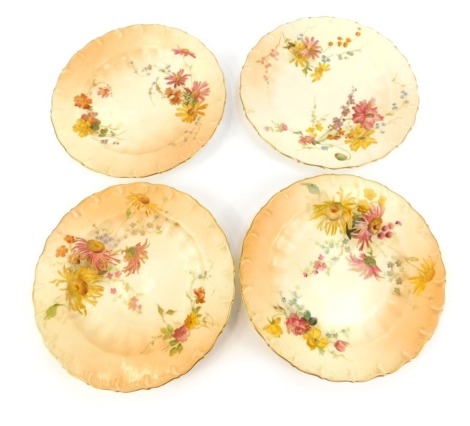 Four Royal Worcester blush porcelain tea plates, painted with meadow flowers, printed marks, 17cm wide.