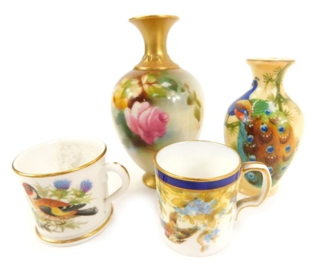 A Royal Worcester porcelain vase, circa 1911, of baluster form, painted with roses, printed marks, 10cm high, a Royal Worcester miniature mug, circa 1888, painted with a goldfish and thistles, versa a yew branch, printed mark, Grainger's Worcester miniatu