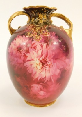 A Royal Doulton porcelain vase, of twin scrolling handled ovoid form, painted with dahlias against a red ground, RA2286, printed and painted marks, 14.5cm high. - 2