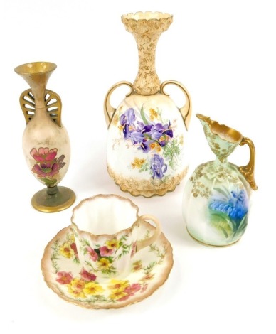 A group of Royal Doulton porcelain, comprising a jug, painted by E Challinon with bluebells and other flowers, 13cm high, twin handled vase painted with irises and other flowers, 20cm high, further twin handled vase painted with flowers, 15cm high, and a 