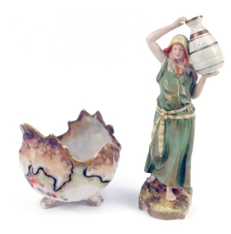 A Nautilus blush porcelain figure, of a Roman water carrier, modelled standing on a naturalistic base, 21cm high, together with a Nautilus porcelain vase, of abstract form, painted with flowers, printed mark, 11cm high. (2)