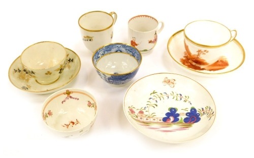 A group of late 18th and early 19thC English porcelain, including a bow porcelain coffee cup, chinoiserie decorated with figures, Davenport teacup and saucer decorated in brown with a cottage and church ruins, Crown Derby spiral fluted porcelain coffee cu