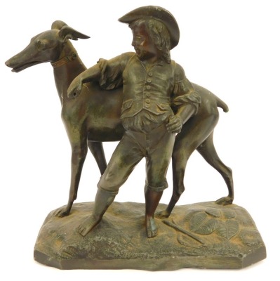 A 20thC Spelter figure group, of a greyhound and a page boy, on rectangular base, 18cm high, 16cm wide. (AF)