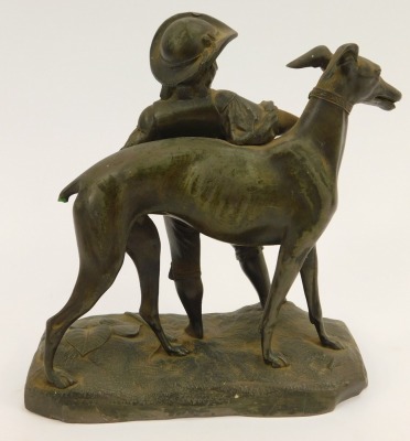 A 20thC Spelter figure group, of a greyhound and a page boy, on rectangular base, 18cm high, 16cm wide. (AF) - 2