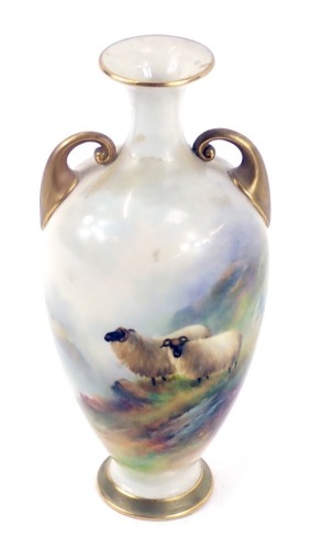 A Royal Worcester vase, with a fluted stem and gilt scroll handles, with a painted panel of two sheep, signed Ernest Barker, with green stamp and number 287, 17cm high.