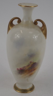 A Royal Worcester vase, with a fluted stem and gilt scroll handles, with a painted panel of two sheep, signed Ernest Barker, with green stamp and number 287, 17cm high. - 2