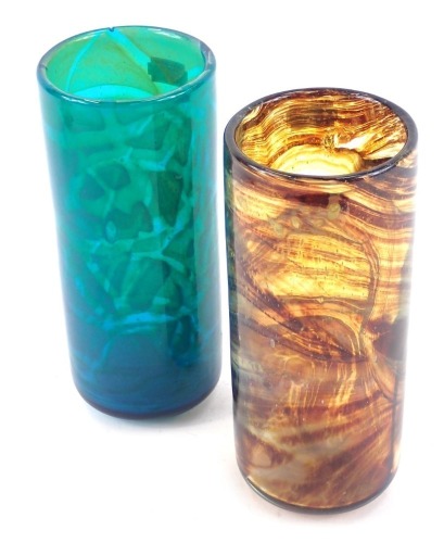 Two Mdina art glass cylindrical vases, one with blue and green swirl decoration, the other with orange and brown, 20cm high, signed. (2)