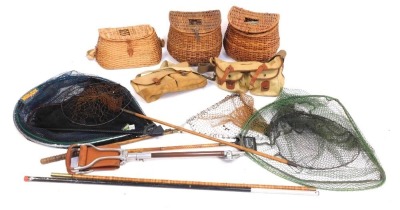 A wicker basket and contents of fly fishing tackle, comprising line, hooks,  etc.