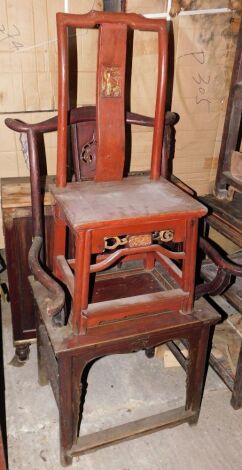 A late 19thC Chinese carved elbow chair, and a similar side chair.