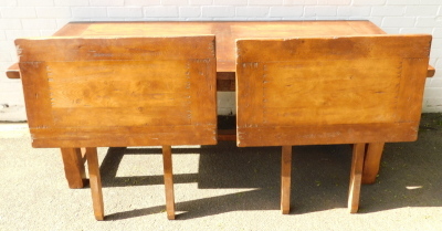 An early 20thC oak plank top refectory table, with two additional leaves, with two frieze drawers, raised on chamfered square legs united by an H framed stretcher, 25;cm high, 199cm wide, 299cm extended, 85cm deep. - 3