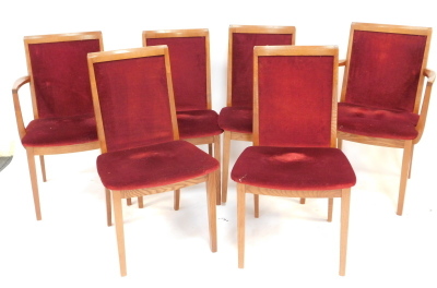 A G Plan teak draw leaf dining table, raised on octagonal legs, 72cm high, 142cm wide, 190cm extended, 98cm deep, together with six teak dining chairs, upholstered in red draylon, comprising a pair of carvers and four single chairs. The upholstery in thi - 2