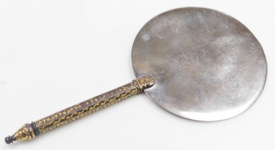 A 14th/15thC Persian steel hand mirror, Ilkhanid or Timurid gold inlaid script and floral decoration to the circular panel and handle, one side partially polished, 17cm diameter, 34cm overall length. - 8