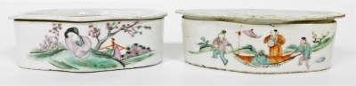 Four Chinese famille rose porcelain cricket boxes and covers, circa 1900, of oblong form, painted with figures, flowers, and Chinese characters. - 15