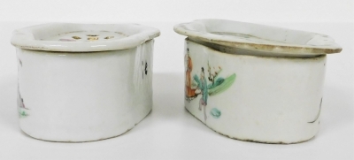 Four Chinese famille rose porcelain cricket boxes and covers, circa 1900, of oblong form, painted with figures, flowers, and Chinese characters. - 16