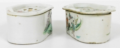 Four Chinese famille rose porcelain cricket boxes and covers, circa 1900, of oblong form, painted with figures, flowers, and Chinese characters. - 18