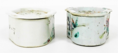 Four Chinese famille rose porcelain cricket boxes and covers, circa 1900, of oblong form, painted with figures, flowers, and Chinese characters. - 24