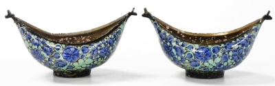 A pair of Kashkul painted lacquer and brass beggar's bowls, of boat shaped form, painted with flowers, 16cm wide. - 5