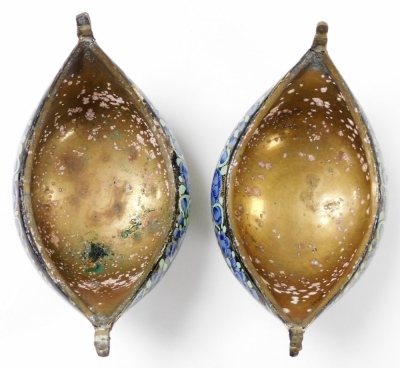 A pair of Kashkul painted lacquer and brass beggar's bowls, of boat shaped form, painted with flowers, 16cm wide. - 7