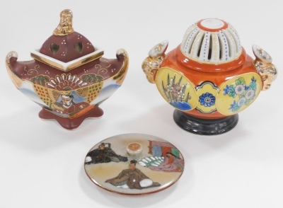 A group of Japanese and Chinese porcelain and pottery, including a Satsuma koro and cover, vase and cover, figure of a Japanese lady playing a samisen, and a Chinese porcelain chocolate cup and cover. (a quantity) - 17