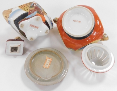 A group of Japanese and Chinese porcelain and pottery, including a Satsuma koro and cover, vase and cover, figure of a Japanese lady playing a samisen, and a Chinese porcelain chocolate cup and cover. (a quantity) - 18