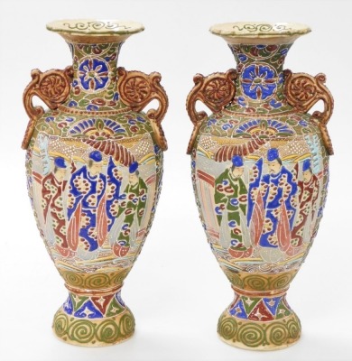 A pair of Meiji period Japanese Satsuma moriage vases, of twin handled baluster form, decorated with panels of priests, on a ground of flowers and scrolls, 39cm high. - 7