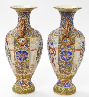 A pair of Meiji period Japanese Satsuma moriage vases, of twin handled baluster form, decorated with panels of priests, on a ground of flowers and scrolls, 39cm high. - 8