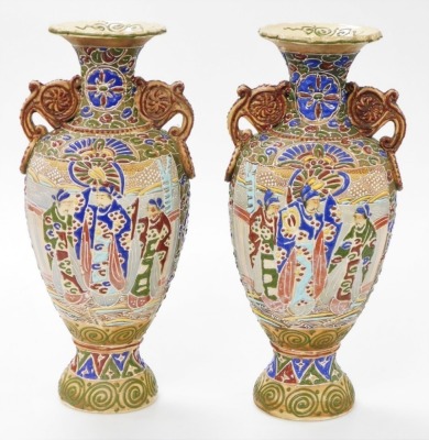 A pair of Meiji period Japanese Satsuma moriage vases, of twin handled baluster form, decorated with panels of priests, on a ground of flowers and scrolls, 39cm high. - 9