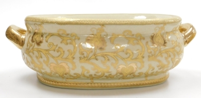 A pair of Chinese twin handled porcelain goldfish bowls, of oval form, decorated internally with fish, crabs, and pond fauna, the exterior with flowers and scrolling leaves on a cream ground, 48cm wide. - 6