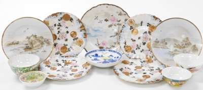 A group of Chinese and Japanese porcelain, including Japanese plates painted with birds and flowers, tea bowls, and a Chia Ching blue and white saucer. (a quantity) - 17