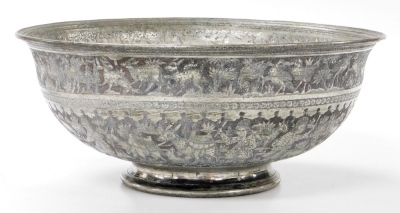 A late 19thC Indo Persian white metal bowl, embossed with figures, tents and animals, beneath a border of exotic birds, 32.5cm wide. - 8