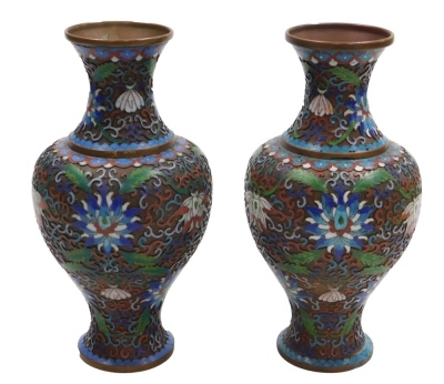 A pair of Chinese cloisonne baluster vases, enamelled on copper with a scrolling peony design and foliage, in polychrome enamels, 26cm high. - 5