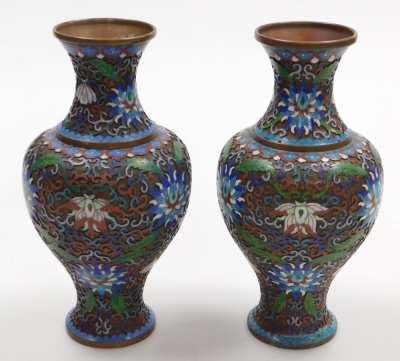 A pair of Chinese cloisonne baluster vases, enamelled on copper with a scrolling peony design and foliage, in polychrome enamels, 26cm high. - 6