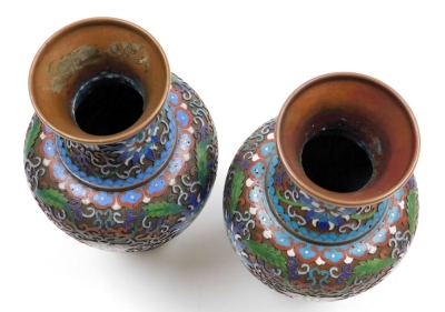 A pair of Chinese cloisonne baluster vases, enamelled on copper with a scrolling peony design and foliage, in polychrome enamels, 26cm high. - 7