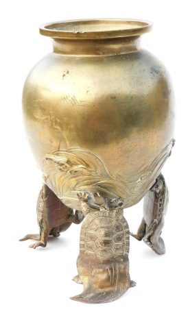 A Meiji Japanese bronze koro, of cylindrical tapering form with everted rim, the base with relief wave decoration, all on three cast minogame shaped feet, 27.5cm high.