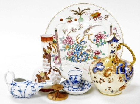 A group of ceramics, to include an Oriental style plate, blue and white baby feeder and egg cup, Victorian milk glass vase decorated with flowers, 18cm high, etc.