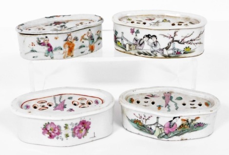 Four Chinese famille rose porcelain cricket boxes and covers, circa 1900, of oblong form, painted with figures, flowers, and Chinese characters.