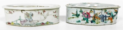 Four Chinese famille rose porcelain cricket boxes and covers, circa 1900, of oblong form, painted with figures, flowers, and Chinese characters. - 8